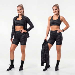 Wholesale Women 3 Piece <b>Yoga</b> Set Camouflage Athletic 3 Piece Activewear Long Sleeve Training <b>Jacket</b> Biker Compression Shorts Set - Product Image 1