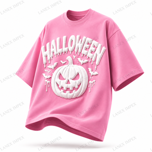 เสื้อยืดกราฟิกฮาโลวีนแบบกำหนดเอง ลาย 3 มิติ ลายฟักทองและค้างคาว สีชมพู ทรงโอเวอร์ไซส์ ผ้าฝ้าย 100% ระบายอากาศได้ดี เสื้อผ้าสตรีทแวร์สำหรับผู้หญิงและผู้ชาย - Product Image 2
