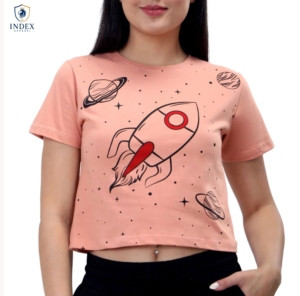 Women's Pink Crop <b>Top</b> Crew Neck Short Sleeve Printed Rocket Space Design Casual Spring Summer Wear - Product Image 6