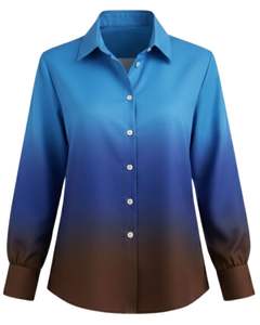 Chemise boutonnée à manches longues pour femme, dégradé bleu ciel vers bleu marine et marron, style décontracté pour le bureau, fabrication sur mesure OEM - Product Image 1