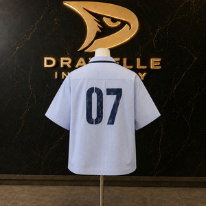 Sky Blue White Striped Y2K Streetwear Shirt Men Oversized Boxy Short Sleeve Crimson Rope <b>Toggle</b> Camp Collar <b>Button</b>-Up Wholesale - Product Image 2