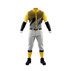 Ensemble uniforme de baseball personnalisé jaune et noir, maillot boutonné, pantalon blanc |   Vêtements de sport 100% polyester, tailles plus grandes, uniformes d'équipe - Product Image 1