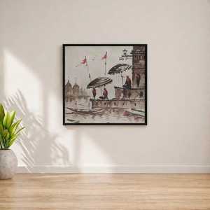Pintura hecha a mano en Banaras Ghat, acrílico sobre lienzo, arte paisajístico, estilo clásico, decoración de interiores - Product Image 1