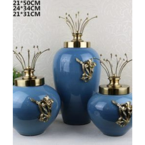 Nouvel ensemble bleu et or : Urnes et pots à gingembre modernes avec couvercle – Idéal pour la décoration intérieure, le rangement et les cadeaux – Urnes décoratives en métal style ferme - Product Image 1