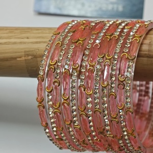Luxury Peach Pink Stone Studded <b>Glass</b> <b>Bangles</b> Set Handmade Traditional Indian Bridal Wedding Jewelry for Women - Product Image 6