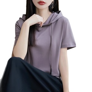 T-shirt rose à capuche et manches courtes pour femme, coupe ample, tricoté, couleur unie, décontracté, pour le printemps et l'été - Product Image 5