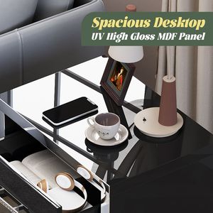 Mesita de Noche Moderna con Acabado Brillante y Espejo, con 2 Cajones y Tiradores de Madera y Metal - Product Image 4