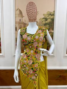 Sari Drapeado de Diseñador para Mujer, Amarillo, con Blusa Bordada, Estilo Indo-Occidental, Largo hasta el Suelo, de Secado Rápido, para Todas las Temporadas, Fiestas y Graduaciones - Product Image 4