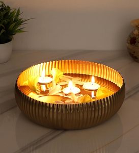 Cuenco Decorativo Acanalado con Acabado Dorado de Lujo, Moderno Centro de Mesa Metálico para Servir, para Decoración del Hogar - Product Image 6