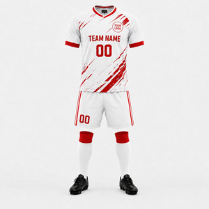 ชุดเสื้อฟุตบอลแบบซับลิเมชั่นสั่งทำพิเศษ สีขาวแดง คอวี ระบายอากาศได้ดี ผลิตจากโพลีเอสเตอร์ สำหรับทีม  ทุกฤดูกาล ไซส์ผู้ใหญ่ - Product Image 1