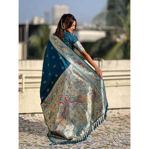 Denim Blue Chandrakor Paithani Silk Banarasi Zari Woven Saree <b>Indian</b> & <b>Pakistani</b> <b>Clothing</b> - Product Image 4