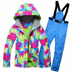 Ensemble de combinaison de ski chauffante unisexe, imprimé, coloré, à capuche, imperméable 10 000 mm, veste de neige bleue, pantalon, deux pièces, vêtements d'hiver - Product Image 1