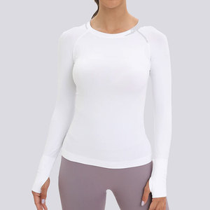 <b>Women</b> <b>White</b> <b>Long</b> <b>Sleeve</b> Sweat-Wicking Yoga <b>Top</b> Crew Neck Solid Compression Pullover Shirt Spandex/Nylon Skinny Fit - Product Image 3