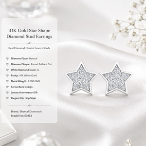 10K Gold Star Shape Diamond Stud <b>Earrings</b> Screw <b>Back</b> |Real Diamond Cluster Hip Hop Style Studs Luxury Anniversary Gift for Women - Product Image 5