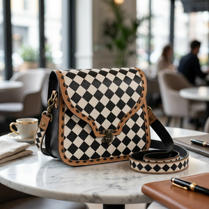 Vintage Genuine Leather Lightweight Shoulder Bag Black White Diamond Lattice Pattern Single Strap Lock Closure All Seasons Carry - Product Image 4
