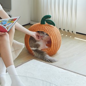 Maison pour chat en rotin faite à la main, forme citrouille, lit pour animaux tressé, niche pour chat, mobilier d'intérieur pour chats et petits animaux - Product Image 2