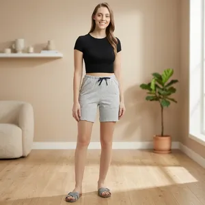 Shorts de détente en jersey de coton gris pour femmes avec cordon de serrage à la taille, shorts décontractés confortables pour l'été - Product Image 2