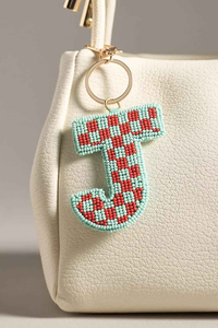 Dark Green Striped Initial Letter H <b>Seed</b> Bead Embroidery Keychain Handmade Preppy Style Gold Metal Clasp Bag Charm Personal Gift - Product Image 5
