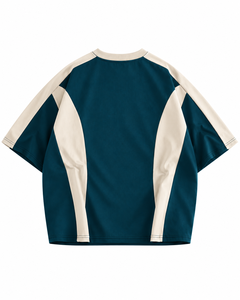 Custom Wholesale 240 GSM 100% Cotton Color Block <b>T</b>-<b>Shirt</b> Teal <b>Cream</b> Contrast Panel Boxy Oversized Tee Center Logo Unisex - Product Image 3