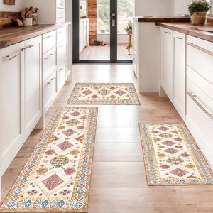 Set di 3 Tappeti da Cucina Antiscivolo in Stile Boho, Tappetini Spessi Imbottiti in PVC, Lavabili, Elegante Collezione di Tappeti da Cucina - Product Image 1