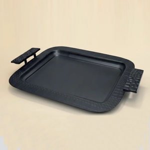 Sleek <b>Black</b> Serving Tray Featuring Textured Patterned Borders And Sturdy Handles, Ideal For Modern Table Decoration & Serving - Product Image 1