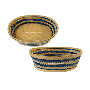 Cesta Tejida a Mano de Bambú Ecológico, Forma Ovalada, Rayas Azules, Decoración Natural para el Hogar, Caja de Almacenamiento - Product Image 1