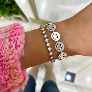 Happy Face Round Diamond Link <b>Bracelet</b> Wide Hip Hop 14K 18K Solid Gold 7 Inch Pave Set Statement Two Tone <b>Charm</b> Fine Jewelry - Product Image 2