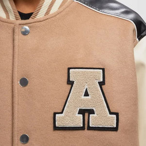 Men's Beige Varsity <b>Jacket</b> With White Sleeves Turn-down Collar Preppy Style Autumn Wear Embroidered Letter A Front Closure - Product Image 5
