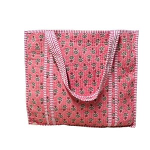 Bolsa de Mano de Algodón Acolchado, Hecha a Mano, Resistente, Ligera, Ecológica, Lavable, con Estampado de Bloques, Reversible, Abierta, para Primavera/Verano - Product Image 2