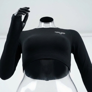 Débardeur sportif pour femme, décontracté, court, à manches longues, col rond, tricoté, respirant, séchage rapide, avec trous pour les pouces - Product Image 4