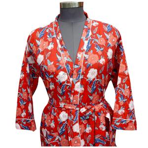 Robe kimono d'été pour femme, faite à la main, 100% coton, col en V, ceinture, manches longues, imprimé floral, séchage rapide, respirante - Product Image 3