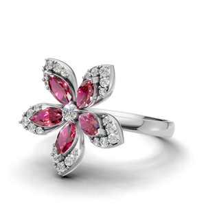 18K Gold Lab Grown Diamond Floral Flower <b>Ring</b> Pink Red Marquise Cut Luxury Statement Cocktail <b>Ring</b> - Product Image 4