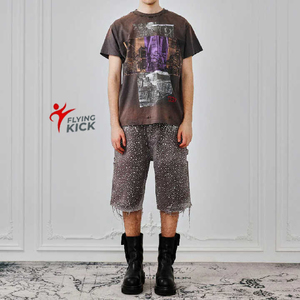 Shorts en jean déchiré pour homme, style vintage, coupe ample, délavé à l'acide, avec ourlet brut, entièrement orné de strass, en toile de coton - Product Image 1