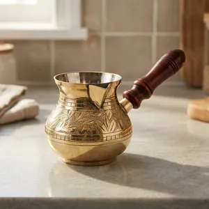 Cafetière traditionnelle en laiton avec motif floral gravé, forme ronde, poignée en bois, pot de service décoratif - Product Image 5