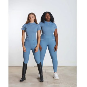 Camiseta de equitación personalizada para mujer, azul acero, manga corta, con media cremallera y costuras paneles, OEM - Product Image 2