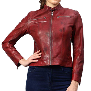Women's <b>Red</b> Genuine Leather Moto Jacket Full Sleeve Stand Collar Zipper Closure Autumn Style - Product Image 3