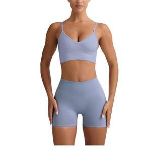 Conjunto Deportivo Seamless para Mujer, Color Azul Claro, Bra Deportivo y Shorts, para Fitness, Yoga, Cintura Alta, Ropa Deportiva Elástica - Product Image 1