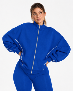 <b>Women</b> Contrastline Zipper Tracksuit Casual Two Piece Set Relaxed Fit <b>Jacket</b> And Wide Leg Pants Matching Outfit Wholesale Apparel - Product Image 3