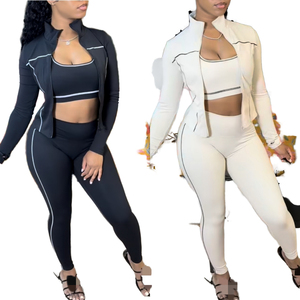 Premium Women's Seamless Yoga Set 3 Piece Nylon Spandex Fitness Leggings <b>Bra</b> Jacket Halter Neck Four-Way Stretch Eco-Friendly - Product Image 3