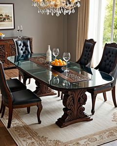 Product Name Luxury Handcrafted <b>Solid</b> <b>Wood</b> 6 Seater Dining <b>Table</b> Set Ornate Carved Base Premium Glass <b>Top</b> Decor --- - Product Image 1