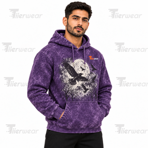 Sudadera con capucha morada para hombre con estampado de cuervo y luna, de forro polar, informal, de corte regular, para otoño, con efecto lavado ácido. - Product Image 2