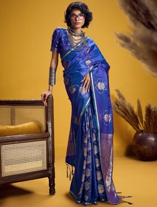 KV <b>Satin</b> Blue Woven Design Designer <b>Saree</b> With Unstitched Blouse - Product Image 4