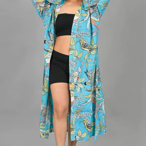 Peignoir Kimono en Coton à Col en V Imprimé Floral Turquoise Élégant pour Femme – Doux, Léger et Respirant pour Piscine, Plage et Détente à Domicile - Product Image 4