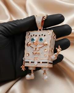Colgante de Lujo Estilo Hip Hop de Plata 925 Bañada en Oro con Moissanita VVS de Personaje de Dibujos Animados Bob Esponja - Product Image 2