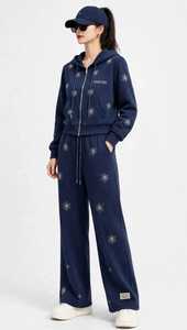 Ensemble de survêtement léger 2 en 1 pour femmes, sweat-shirt à fermeture éclair bleu marine et pantalon large, tenue décontractée sportive à manches longues - Product Image 4