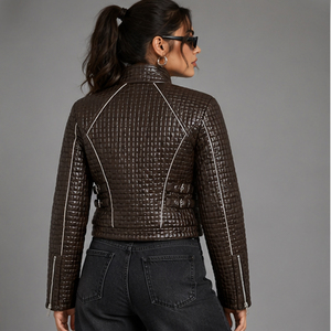 Hot Sale Real Leather <b>Jacket</b> for <b>Women</b> Turn-Down Collar Pocket Design Casual Quilted PU Leather Zipper Closure Short Length - Product Image 5