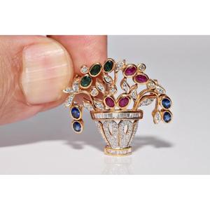 Broche vintage en or 14 carats avec diamants moissanite, émeraudes, saphirs et rubis, entièrement sertie de diamants moissanite sur argent 925, pour femmes et hommes - Product Image 1