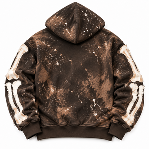Sudadera con capucha vintage de corte oversize, con patchwork de huesos de esqueleto, desgastada, marrón con lavado ácido, con cremallera completa, estilo streetwear unisex, con logotipo personalizado - Product Image 3
