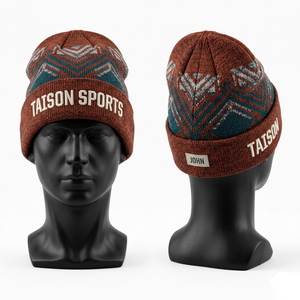 Gorro de punto acrílico GSM premium para hombre, diseño jacquard marrón y verde, con puño, logotipo bordado y etiqueta tejida personalizada. - Product Image 1