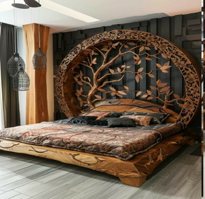 Lit en bois audacieux avec des accents décoratifs en volutes et un cadre épais et poli pour une chambre à coucher majestueuse. Disponible aux prix de gros. - Product Image 4